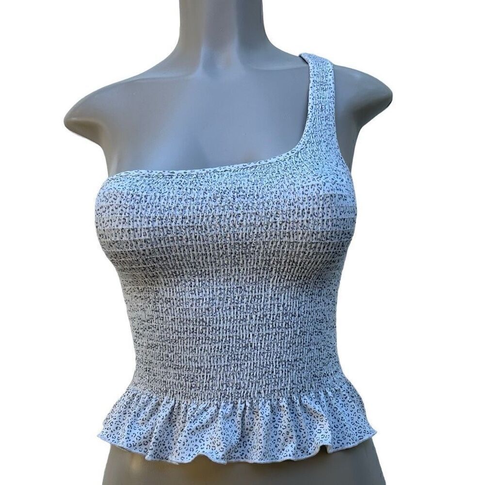 Gaze Peplum Crop Top XS White Gray Animal Print Smocked One Shoulder Ruffle Hem - Picture 6 of 9